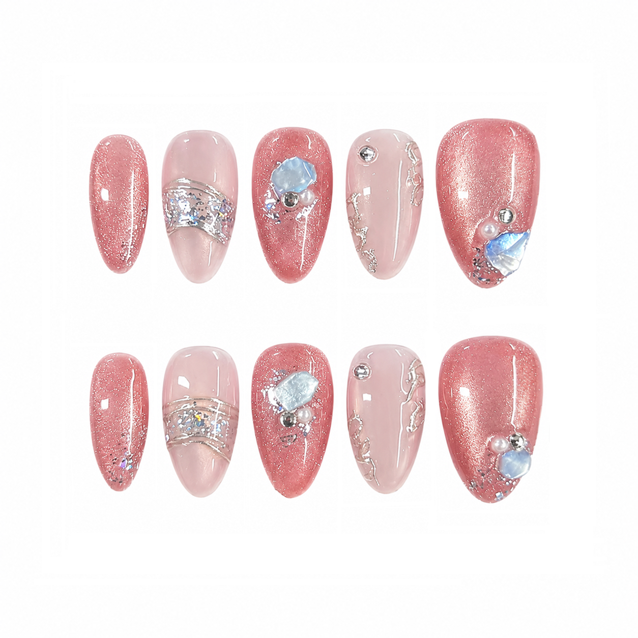 Coral Pink Gemstone Nails - Almond Press-On Nails with Silver Glitter, Pearl and Blue Crystal Details