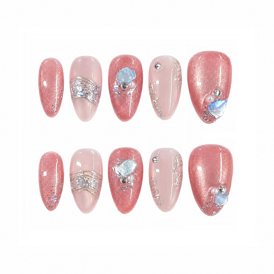 Coral Pink Gemstone Nails - Almond Press-On Nails with Silver Glitter, Pearl and Blue Crystal Details
