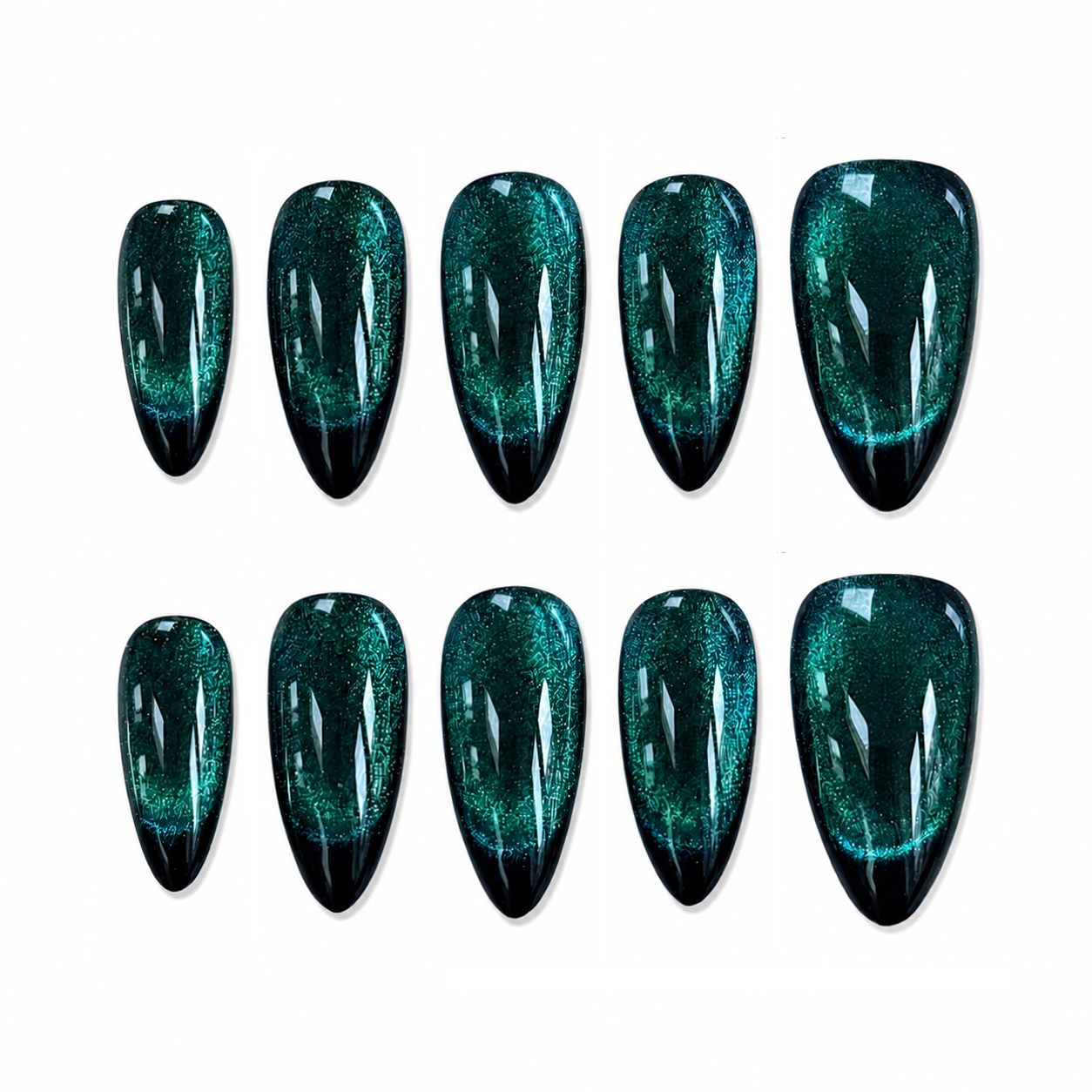 Emerald Galaxy Cat Eye Nails | Long Almond Teal Press-On Nails