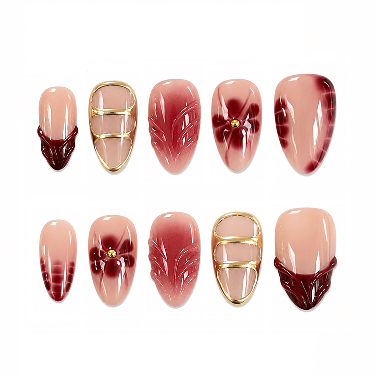 Burgundy Gold Floral Nails - Almond Press-On Nails with 3D Leaf Texture and Chrome Frame Details