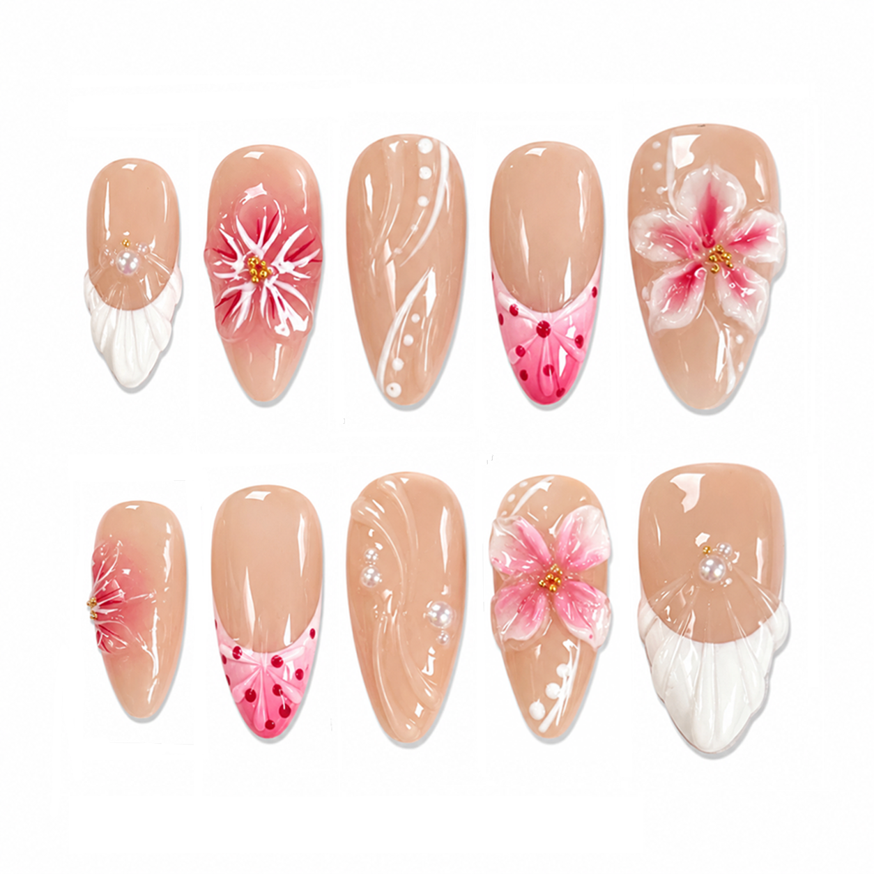 Nude Floral Press-On Nails with 3D Flower & Shell Tips