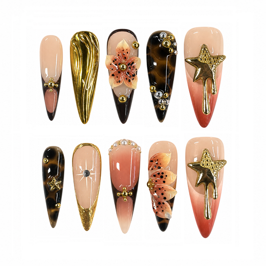 Golden Star Tortoise Floral Nails - Long Stiletto Press-On Nails with 3D Flower, Chrome Star and Rhinestones