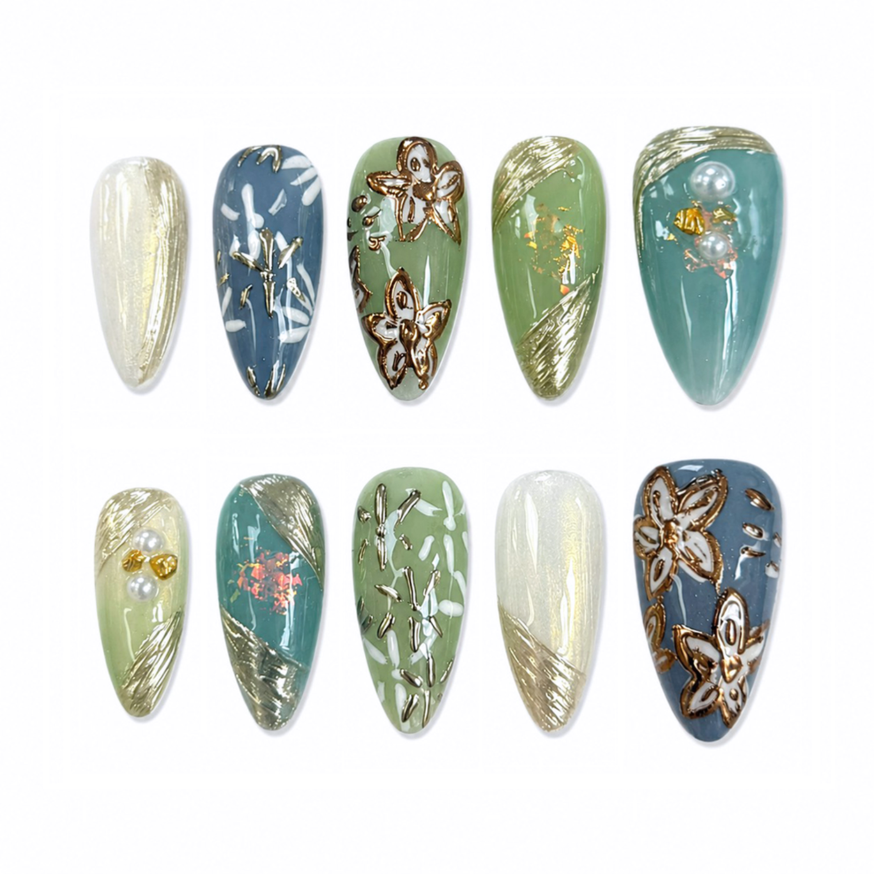Sage Blue Butterfly Pearl Nails - Almond Press-On Nails with Gold Chrome, Floral Details and Pearl Accents