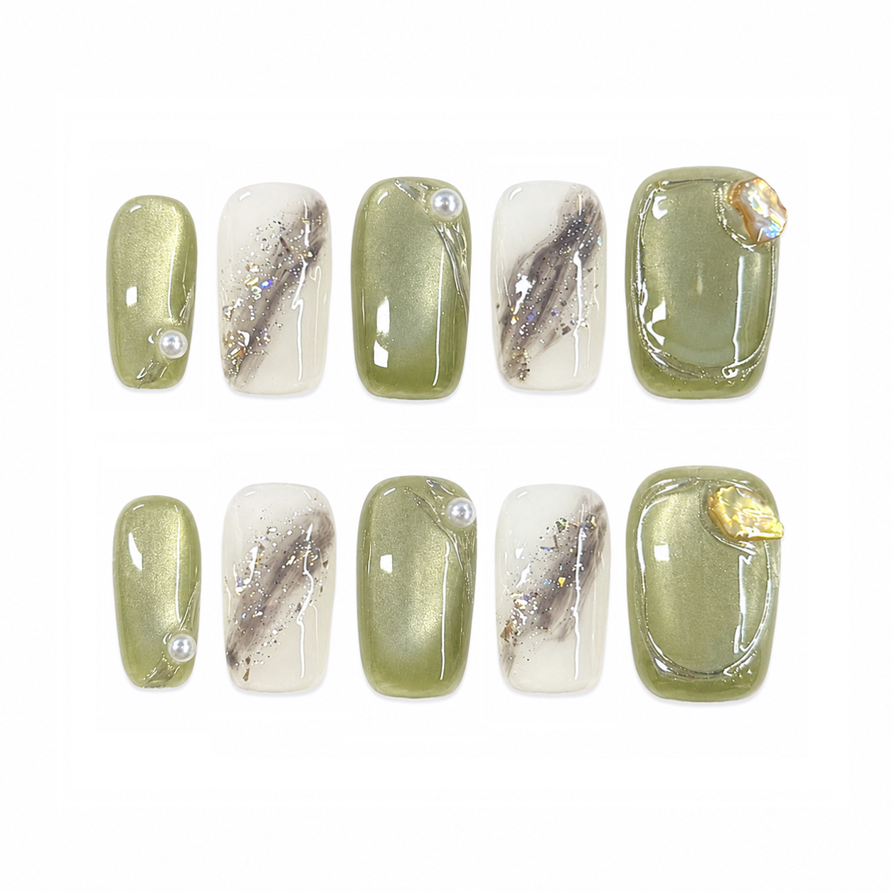 Sage Marble Pearl Nails | Short Square Green Press-On Nails with Iridescent Stone & Gold Flake Details