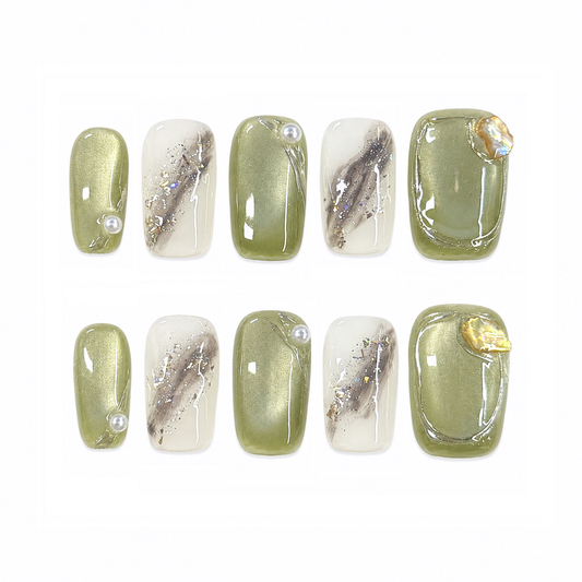 Sage Marble Pearl Nails | Short Square Green Press-On Nails with Iridescent Stone & Gold Flake Details