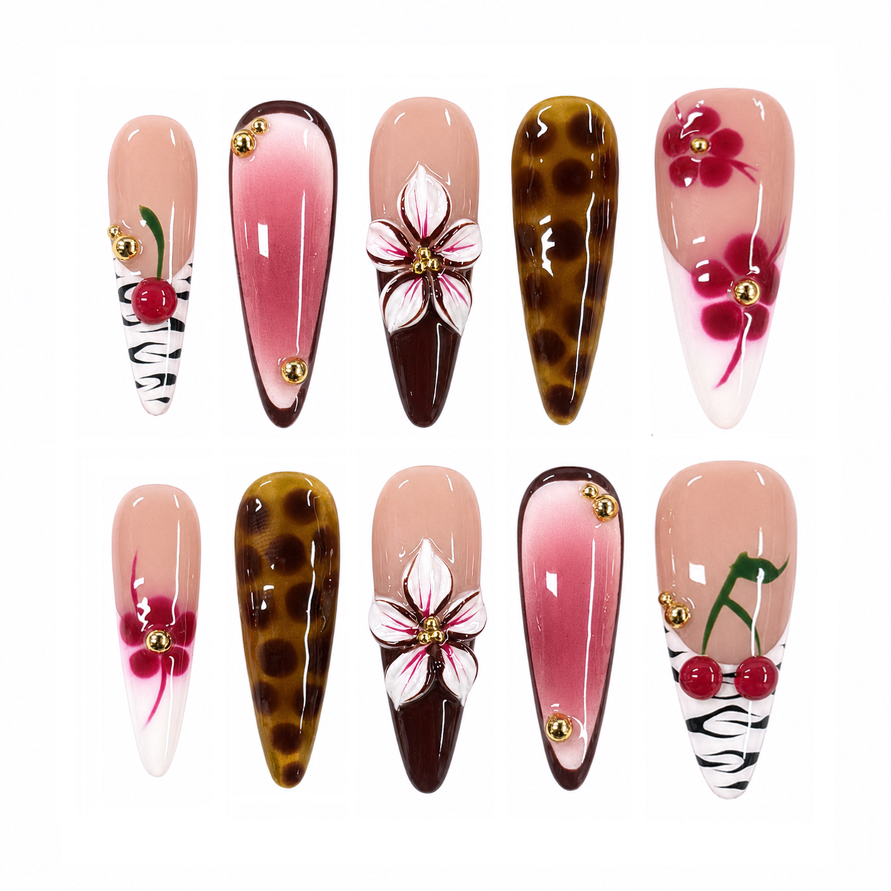 Cherry Leopard Floral Nails, Long Stiletto Press-on Nails