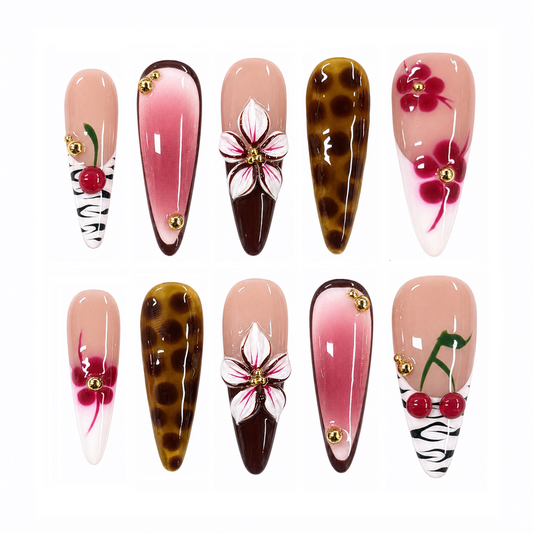 Cherry Leopard Floral Nails, Long Stiletto Press-on Nails