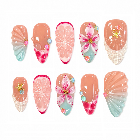 Shell Yeah – Pink Seashell Floral Press-On Nails