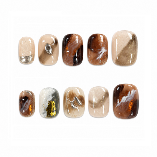 Mocha Marble Stone Nails | Short Square Brown Nude Press-On Nails with Gold Foil & Silver Chrome Details
