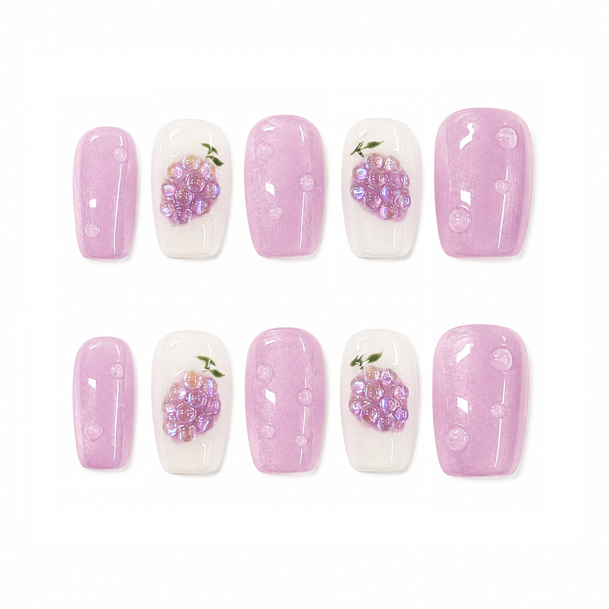 Pink Grape Jelly Nails - Short Square Press-On Nails with 3D Grape and Bubble Details