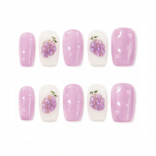 Pink Grape Jelly Nails - Short Square Press-On Nails with 3D Grape and Bubble Details