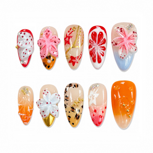 Tropical Pop Floral Nails - Almond Press-On Nails with 3D Flowers, Orange Jelly and Gold Details