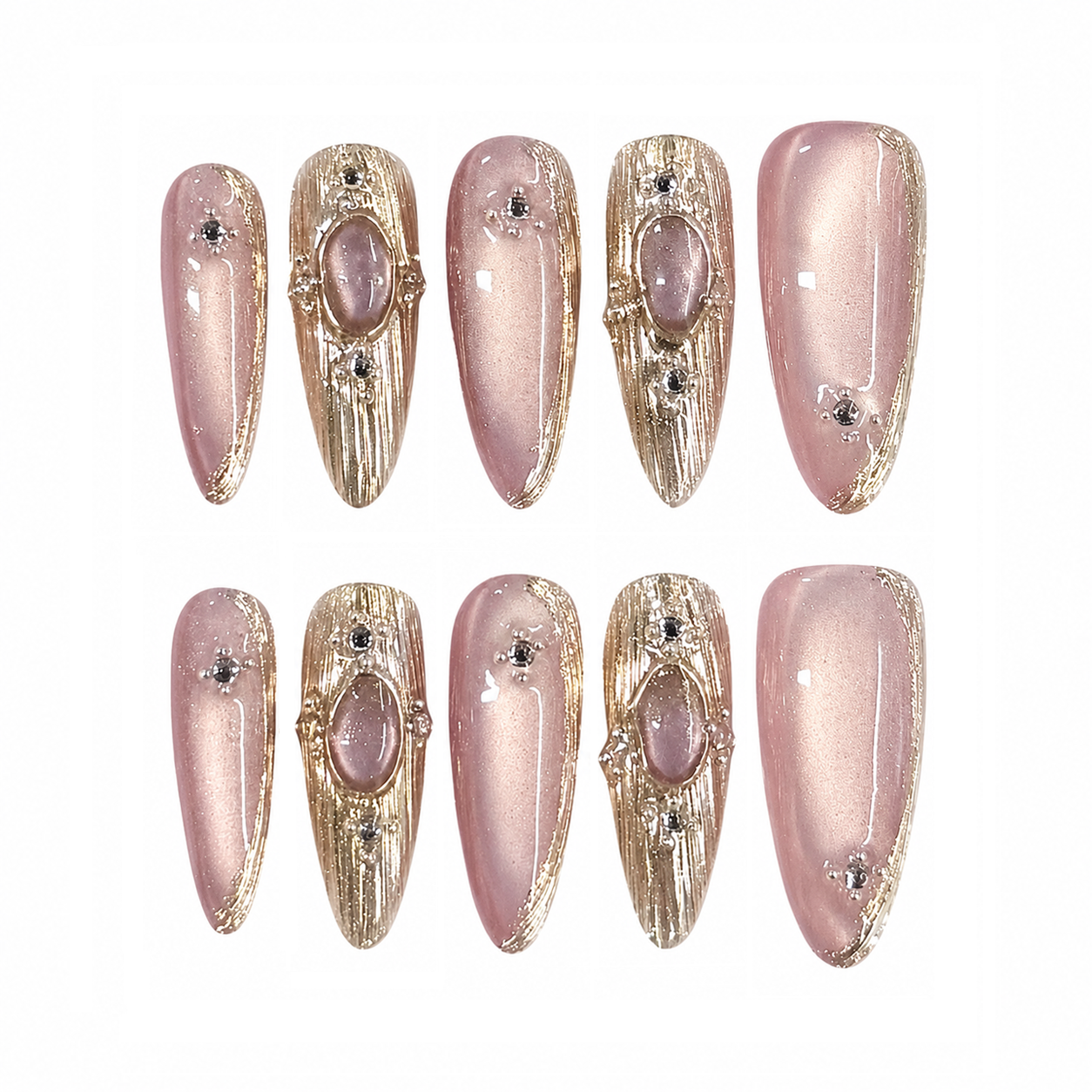 Blush Gold Gemstone Nails - Long Almond Press-On Nails with Cat Eye Shimmer and Rhinestone Details