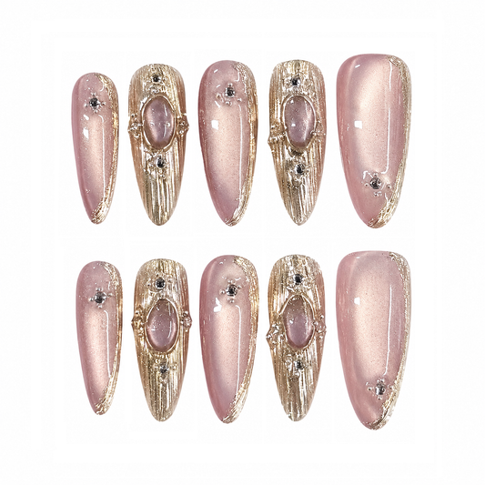 Blush Gold Gemstone Nails - Long Almond Press-On Nails with Cat Eye Shimmer and Rhinestone Details