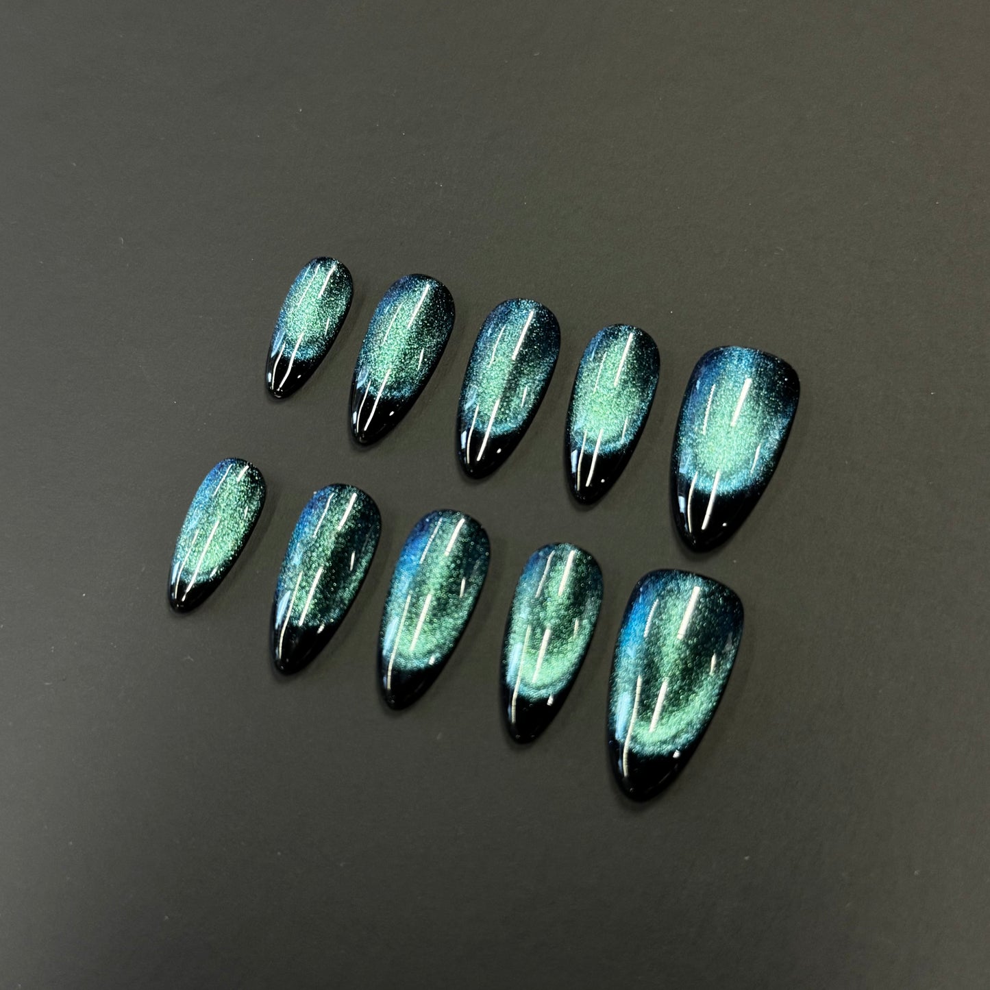 Emerald Galaxy Cat Eye Nails | Long Almond Teal Press-On Nails