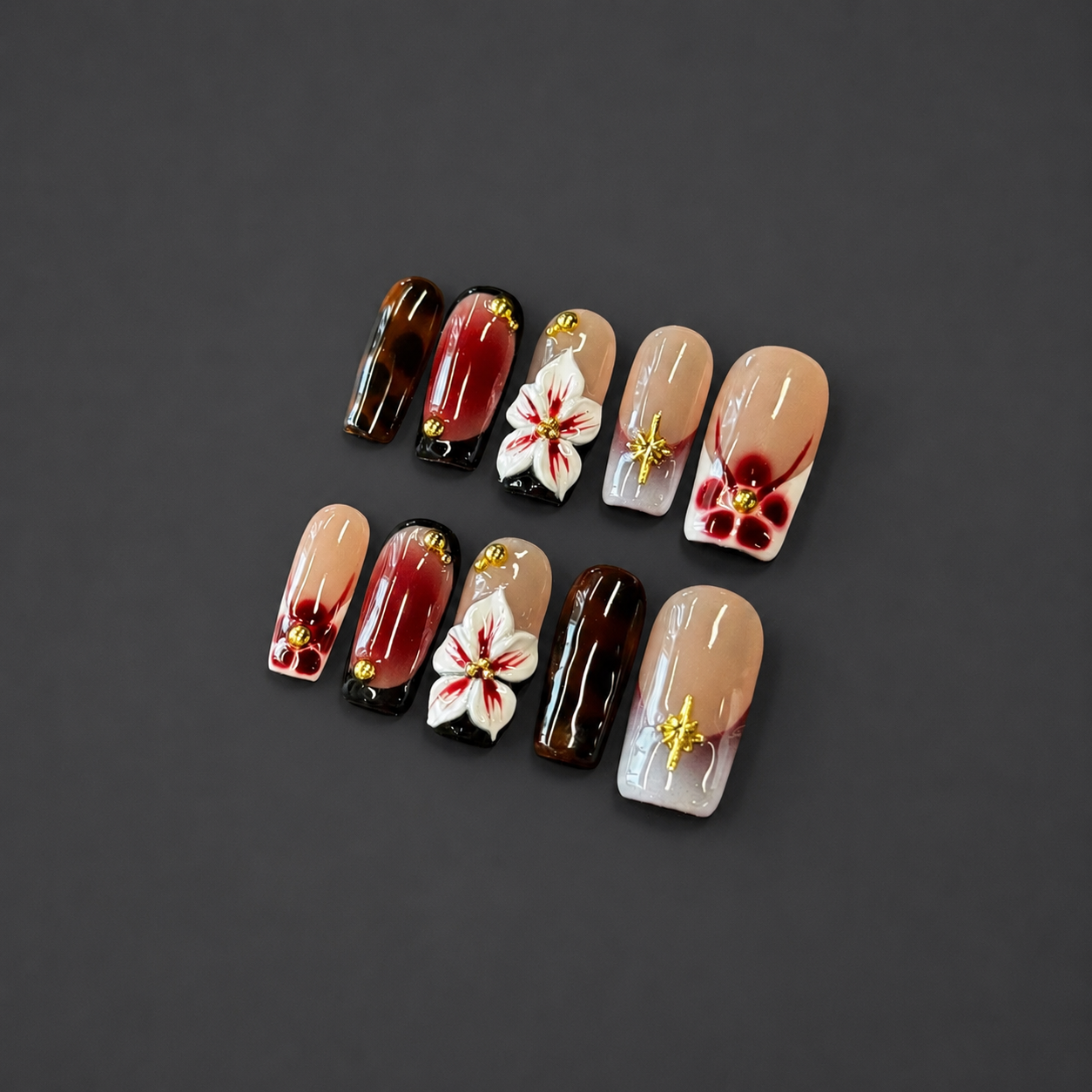 Tortoise Floral Star Nails - Short Square Press-On Nails with 3D Flower and Gold Charm Details