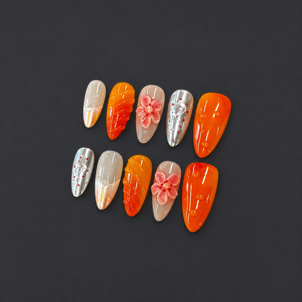 Orange Blossom Jelly Nails | Almond Press-On Nails with 3D Pink Flower & Citrus Aura Details