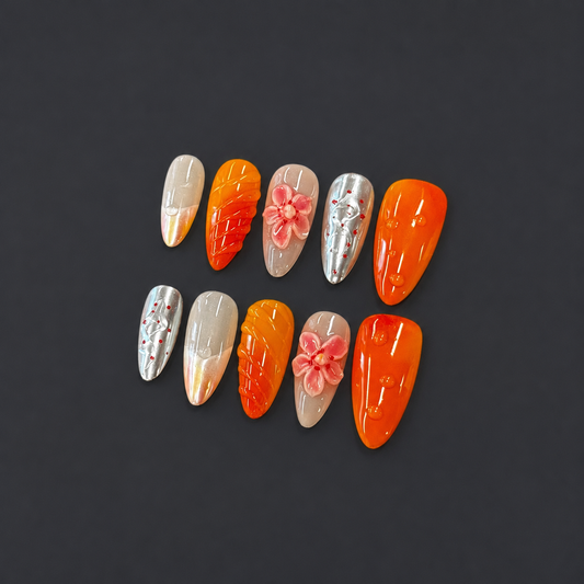 Orange Blossom Jelly Nails | Almond Press-On Nails with 3D Pink Flower & Citrus Aura Details