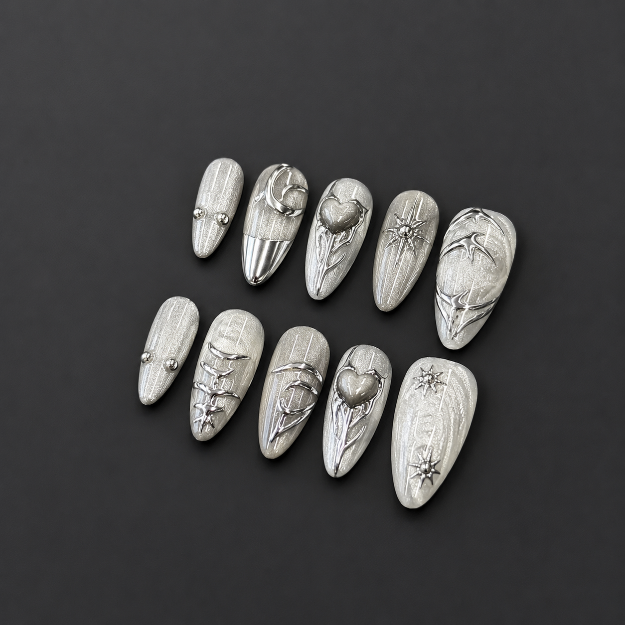 Silver Gothic Heart Nails | Grey Chrome Almond Press-On Nails with 3D Heart & Star Details