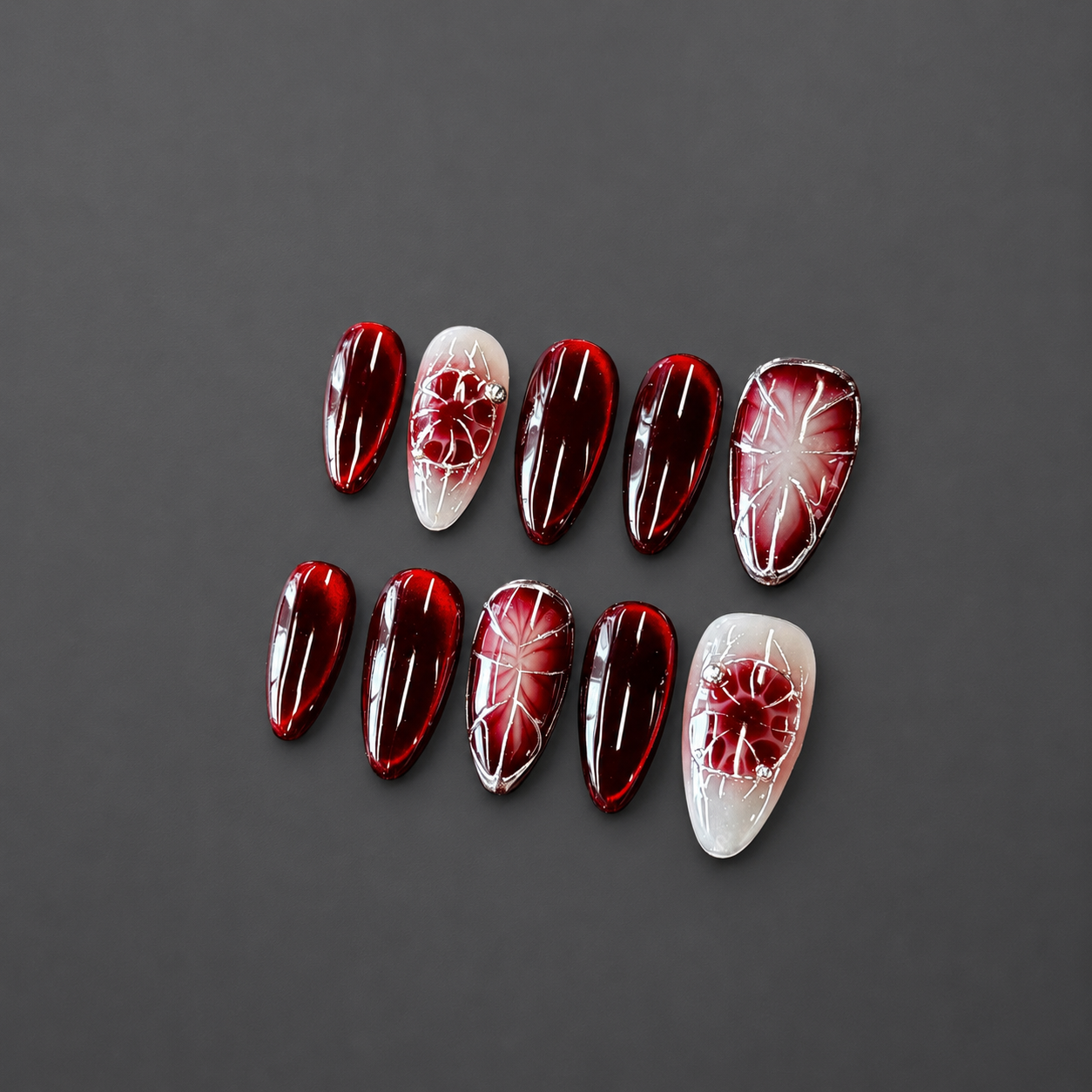 Ruby Red Floral Cat Eye Nails - Almond Press-On Nails with Silver Line Art and Rhinestone Details