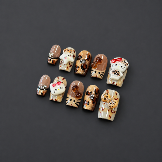 Kitty Club – Leopard Cat Bow Press-On Nails