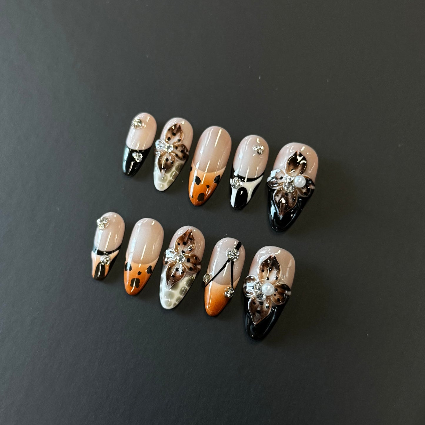 Leopard Flower French Nails - Almond Press On Nails with Black Tips, 3D Floral and Rhinestone Details