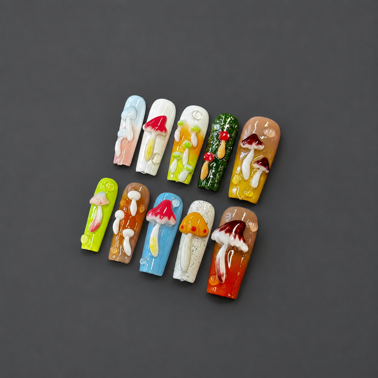 Whimsical Mushroom Garden Nails | Long Coffin Press-On Nails with 3D Fairycore Mushroom Details