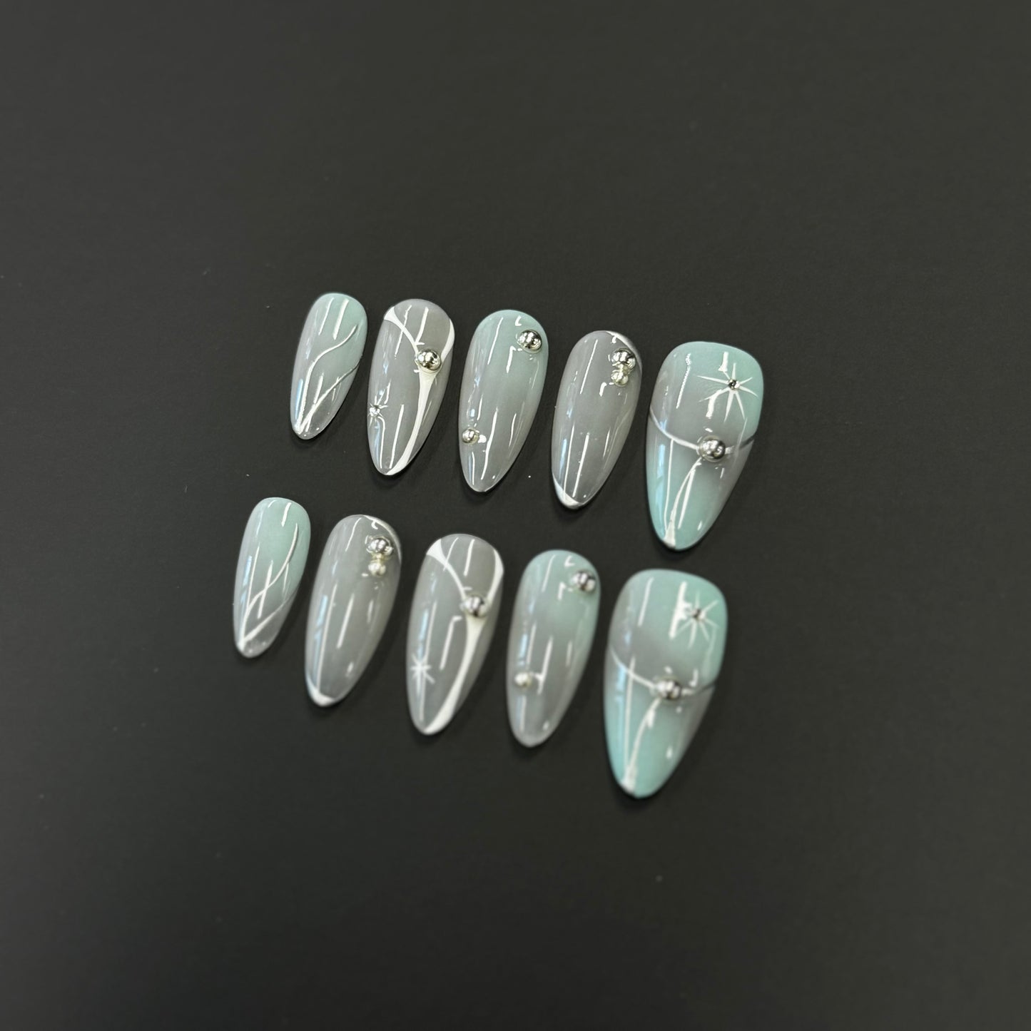 Mint Grey Star Nails | Almond Press-On Nails with Silver Line Art & Rhinestone Accents