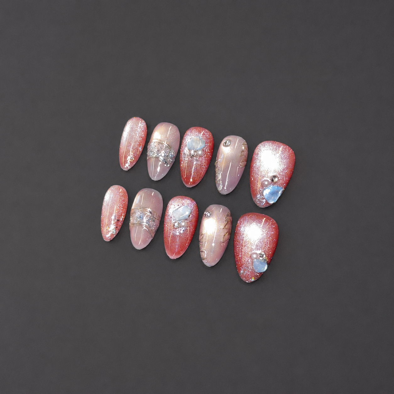 Coral Pink Gemstone Nails - Almond Press-On Nails with Silver Glitter, Pearl and Blue Crystal Details