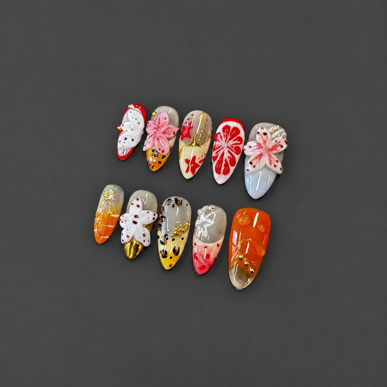 Tropical Pop Floral Nails - Almond Press-On Nails with 3D Flowers, Orange Jelly and Gold Details