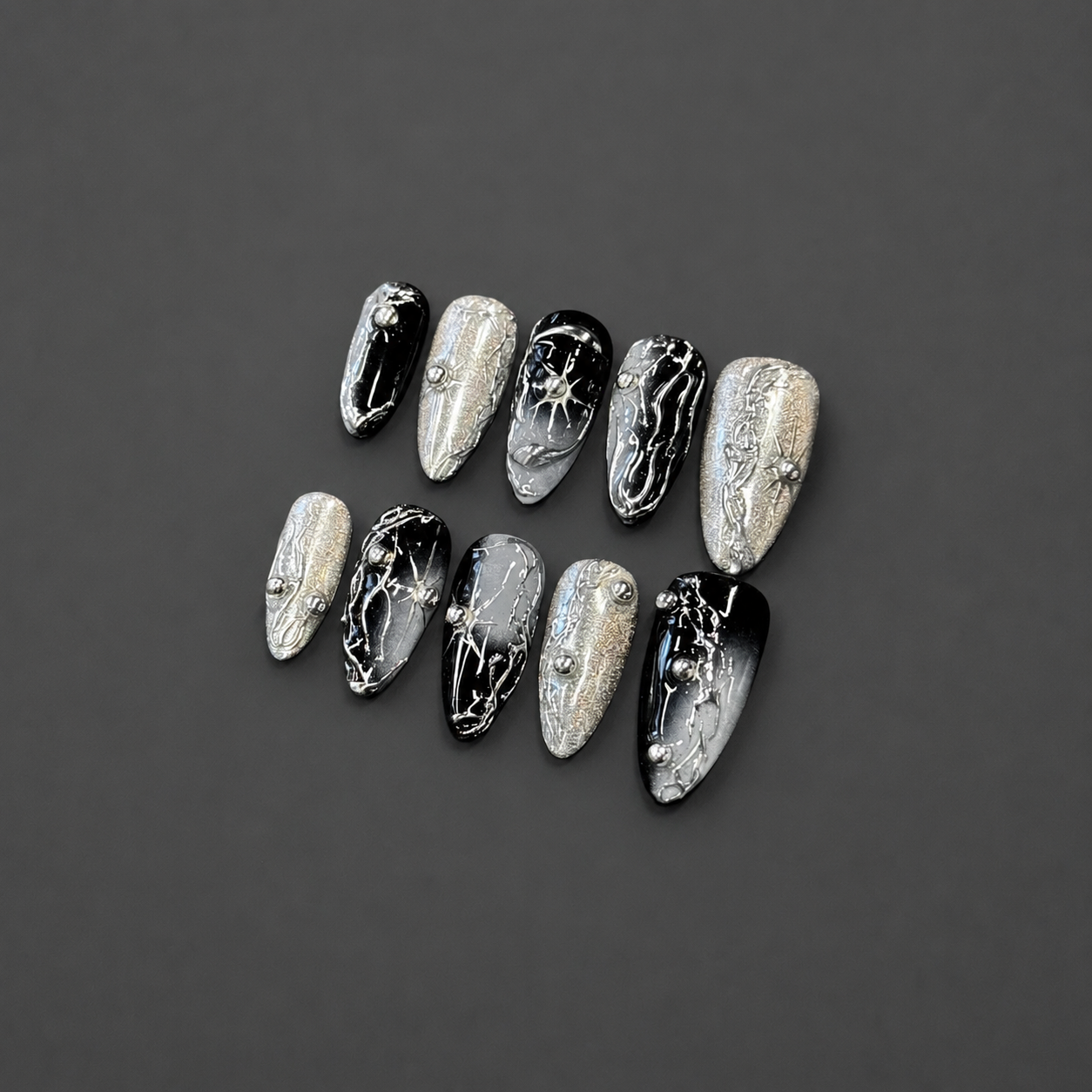 Black Silver Galaxy Nails - Long Almond Press-On Nails with Chrome Line Art and Rhinestone Details