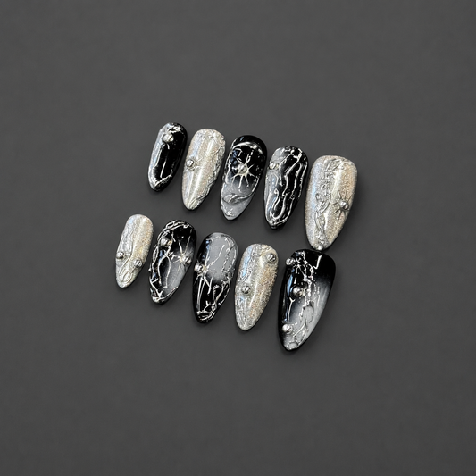 Night Shift – Black Silver Galaxy Press-On Nails
