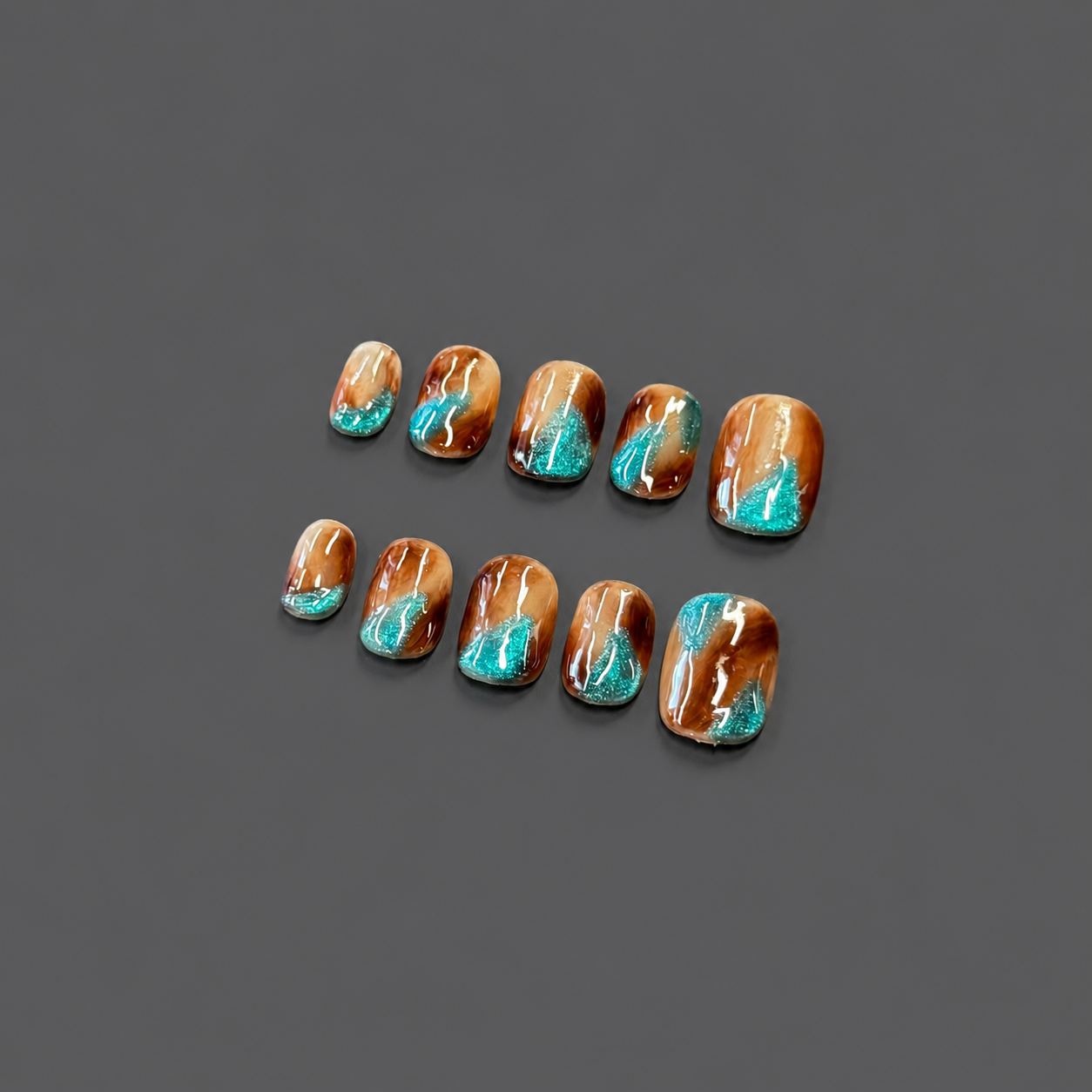 Woodland Teal Marble Nails - Short Square Brown Press-On Nails with Green Glitter Stone Details