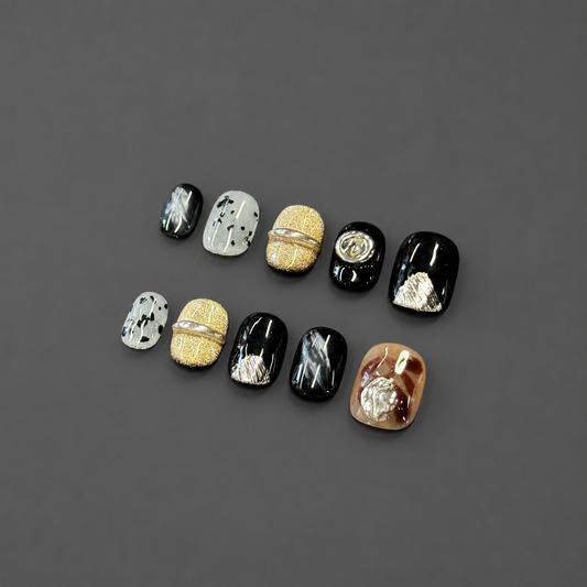 Black Tie – Black Silver Chrome Press-On Nails