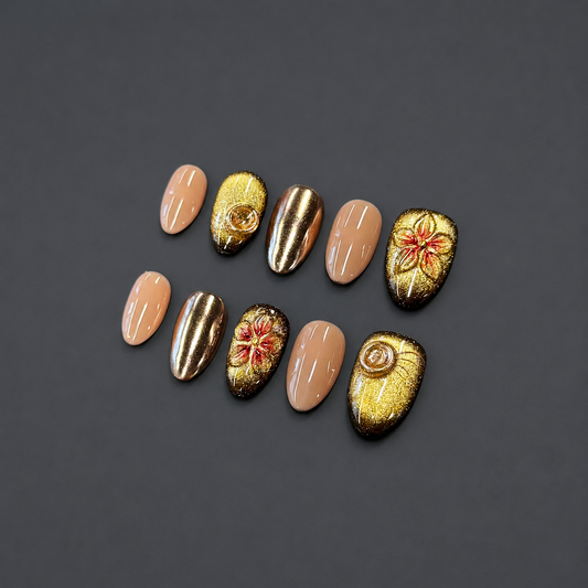 Hazelnut whisper – Bronze Gold Floral Chrome Press-On Nails