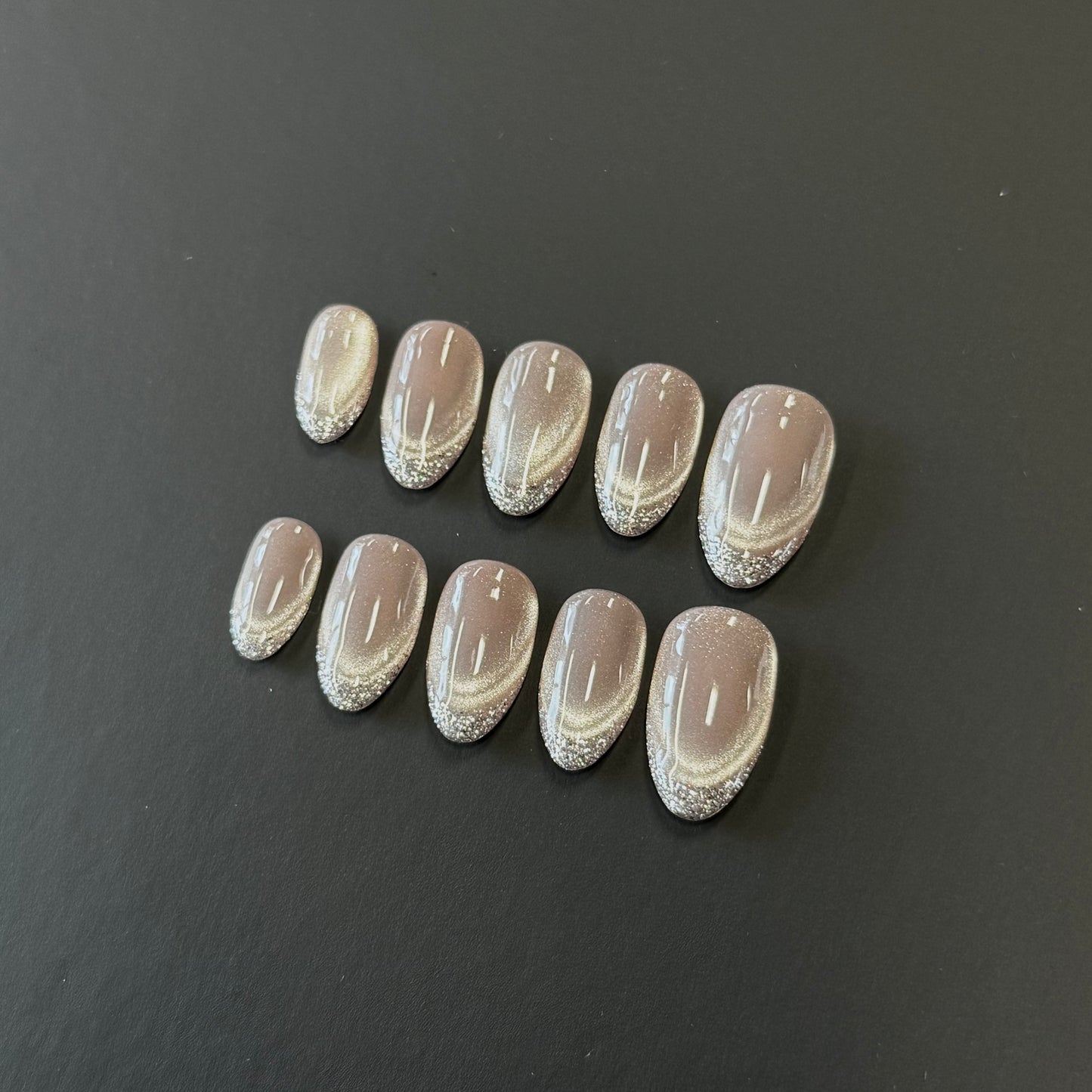 Rose Champagne Glitter French Nails | Almond Cat Eye Press-On Nails with Silver Sparkle Tips