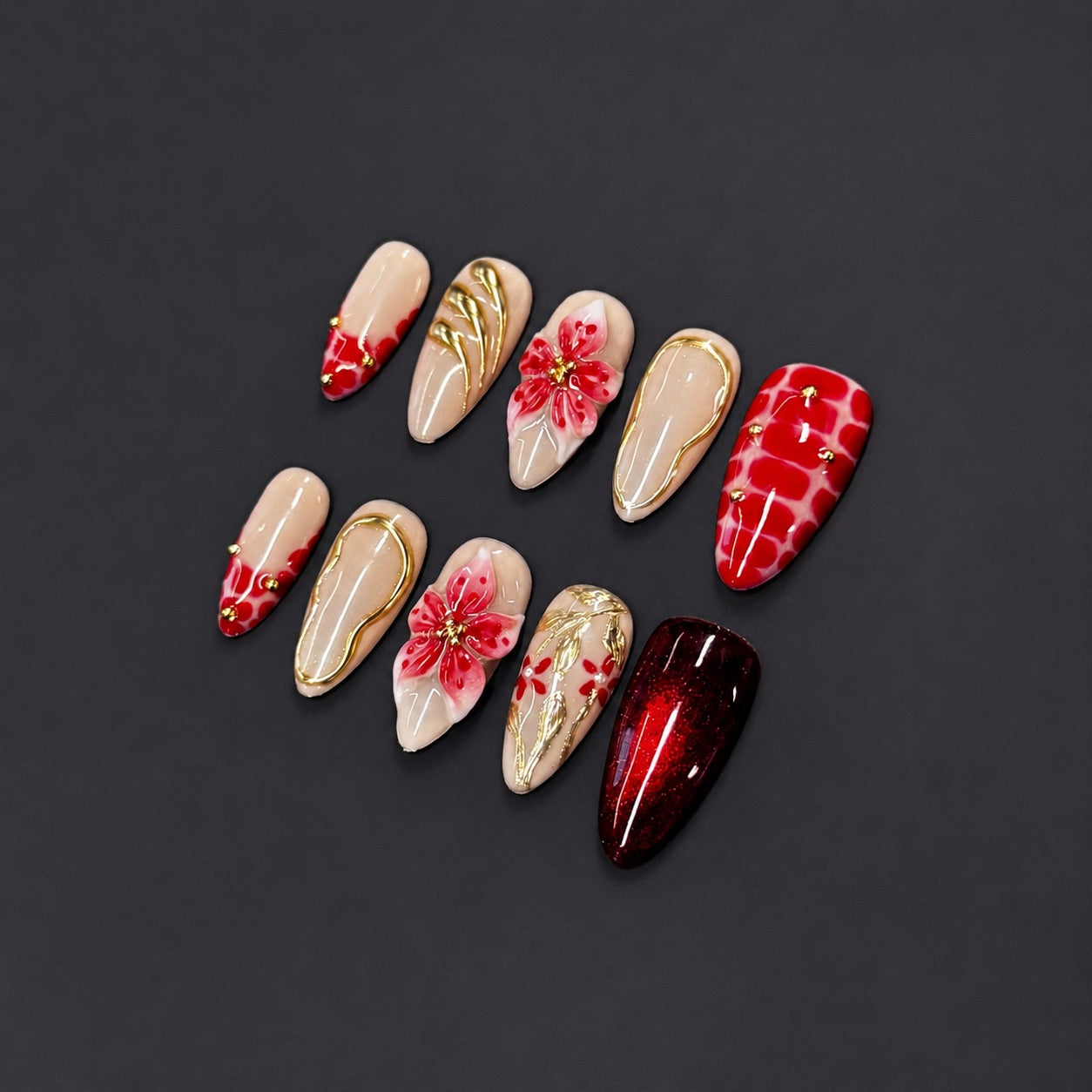Red Bloom Gold Chrome Nails | Almond Press-On Nails with 3D Flower & Luxury Red French Details