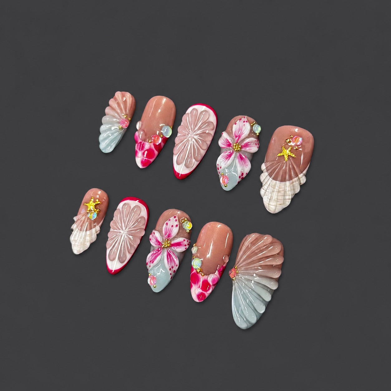 Mermaid Shell Flower Nails | Almond Press-On Nails with 3D Seashell, Starfish & Pearl Details