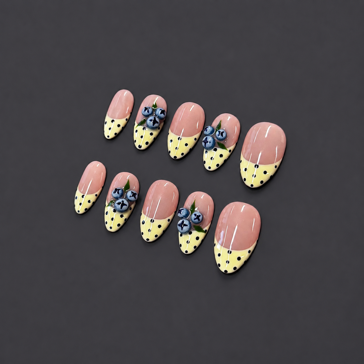 Blueberry Polka Dot French Nails | Almond Press-On Nails with 3D Berry & Yellow Tips