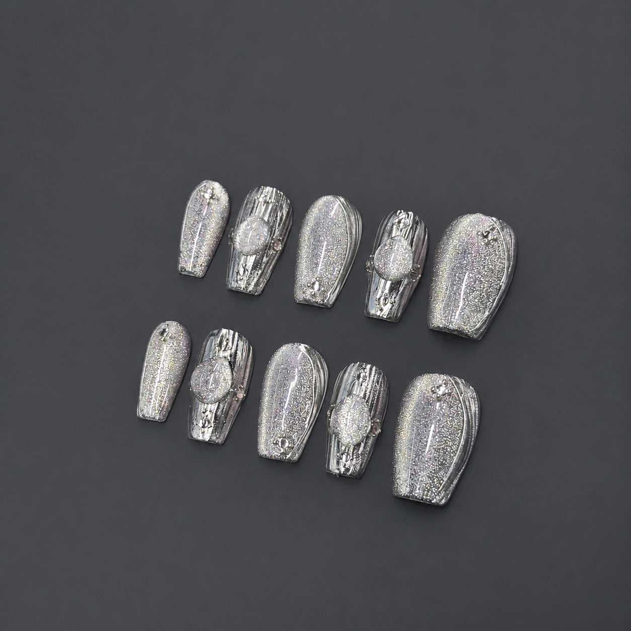 Silver Holographic Gem Nails | Short Coffin Press-On Nails with Crystal Stone & Metallic Details