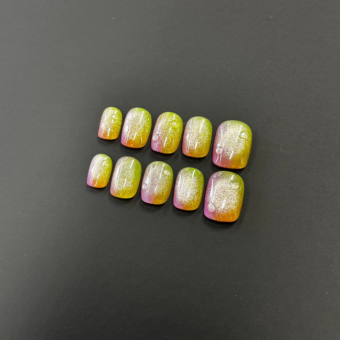 Sunset Aura Glitter Nails | Short Square Pink Green Yellow Press-On Nails