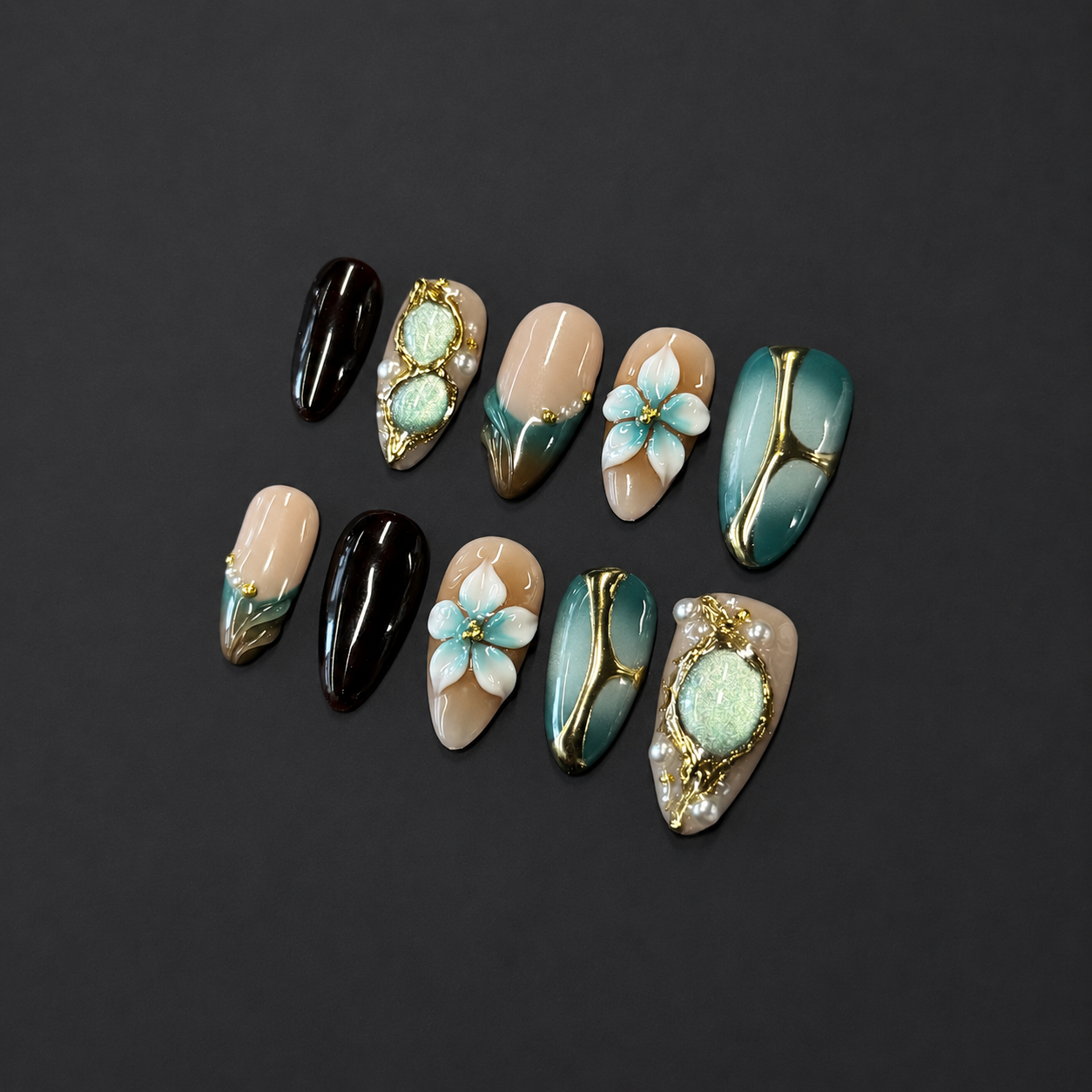 Teal Amber Gemstone Nails | Almond Press-On Nails with 3D Blue Flower, Gold Chrome & Pearl Details