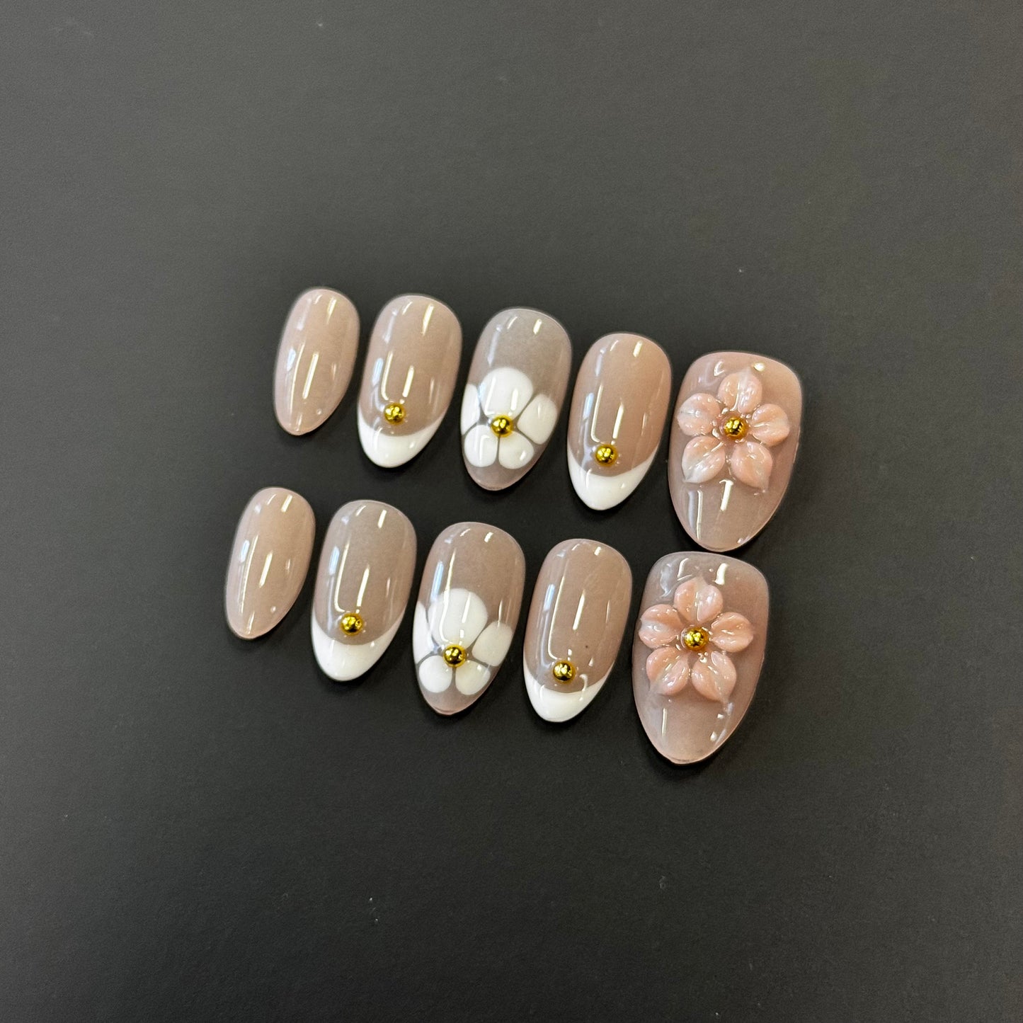 Nude White Floral Nails - Almond Press On Nails with 3D Flower and Gold Bead Details