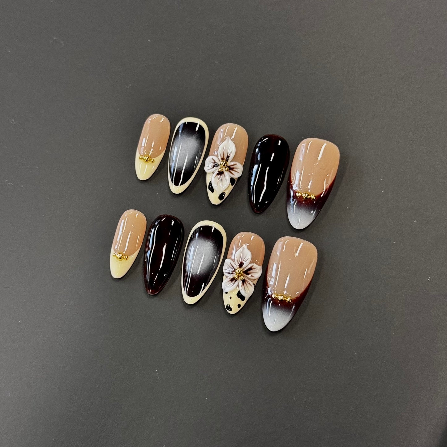 Tortoise Floral French Nails | Almond Brown Nude Press-On Nails with 3D Flower & Gold Beads