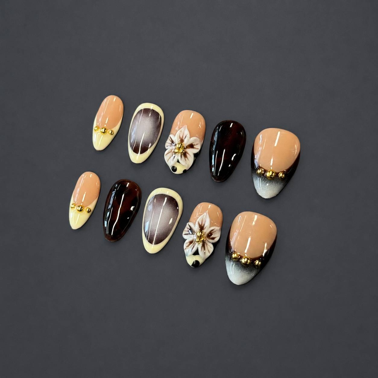 Tortoise Bloom French Nails | Almond Press-On Nails with 3D Flower, Gold Beads & Ombré Tips