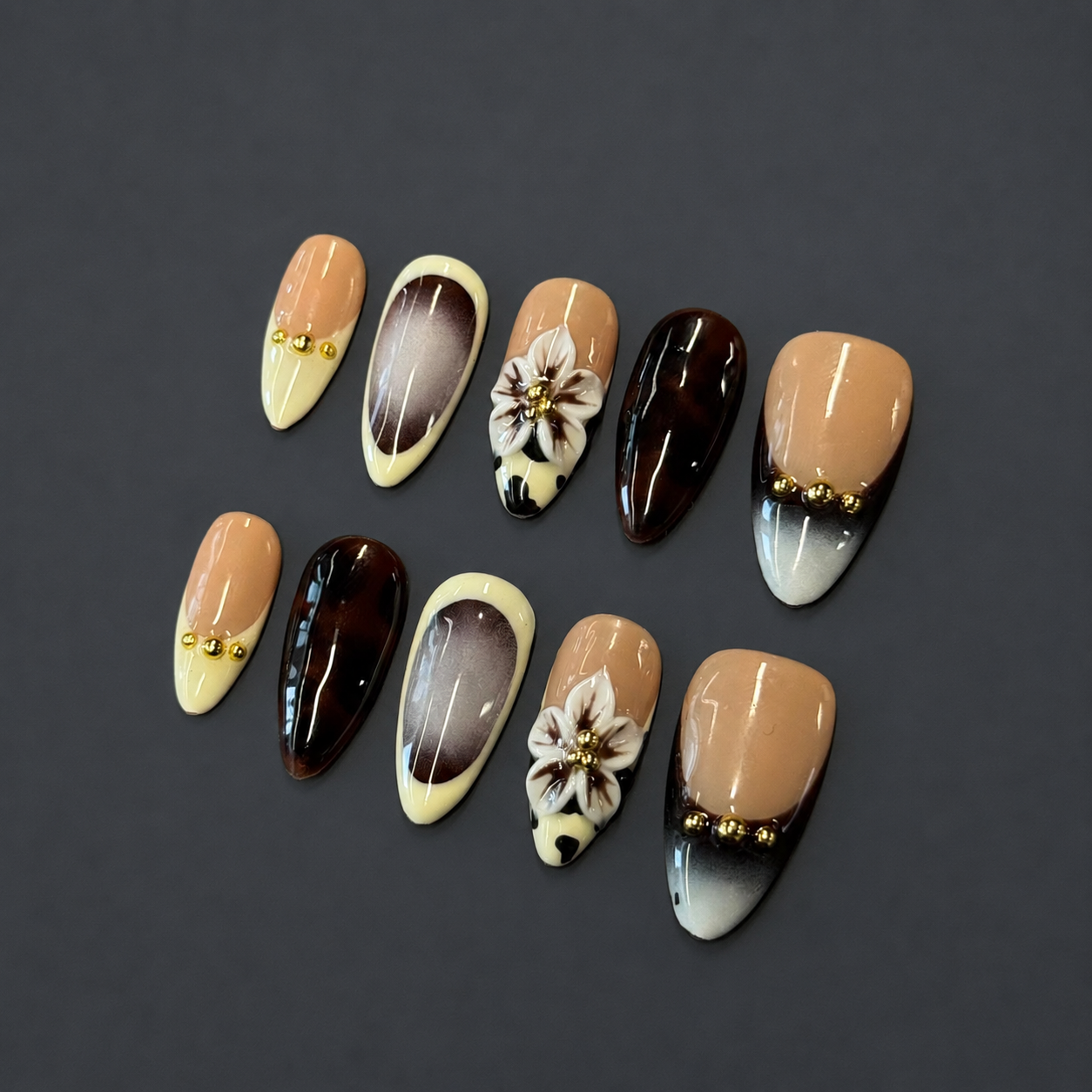 Tortoise Floral French Nails | Almond Brown Nude Press-On Nails with 3D Flower & Gold Beads