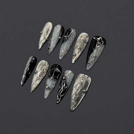 Midnight Silver-Gray Embossed Starburst Stiletto Press-On Nails