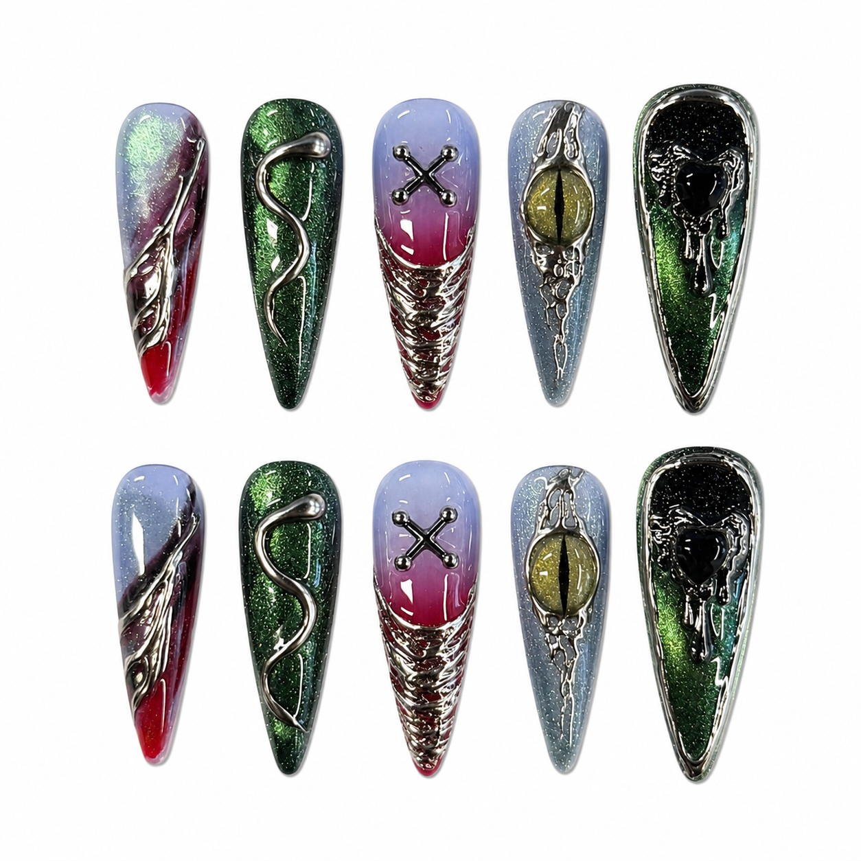 Dark Fantasy Gothic Nails | Long Stiletto Press-On Nails with Chrome Snake, Cat Eye & Black Heart Details