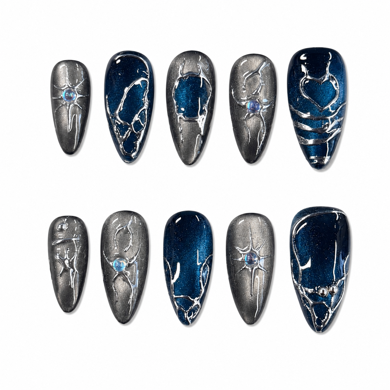Midnight Steel Chrome Nails | Almond Cat Eye Press-On Nails with Silver Web & Blue Rhinestone Details