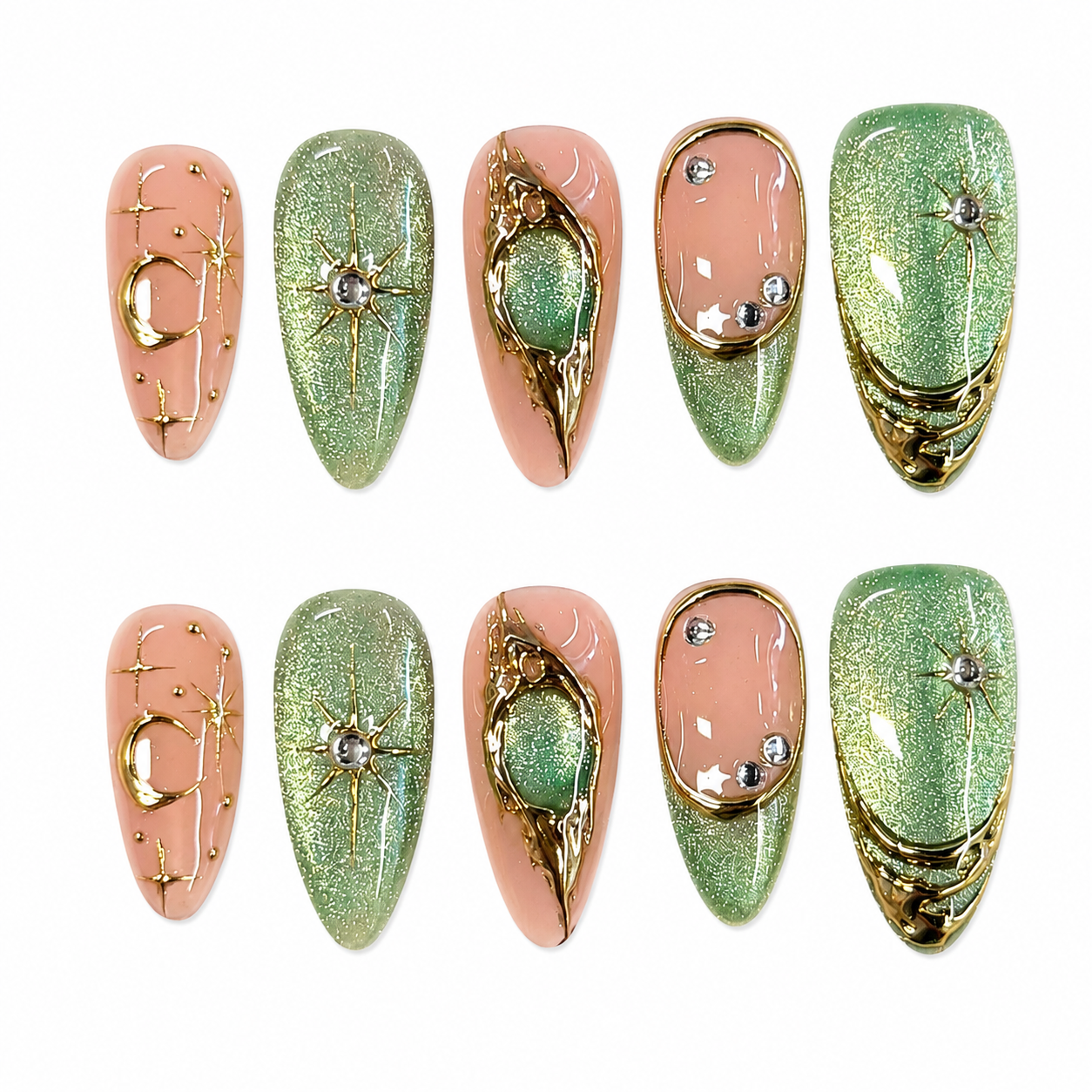 Sage Gold Celestial Nails | Almond Press-On Nails with Moon, Star & Rhinestone Details